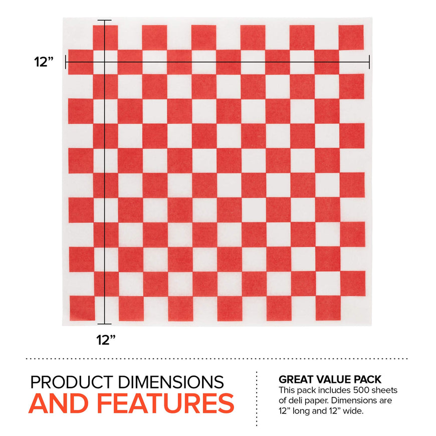 Deli Paper Sheets (500 Count) 12-Inch Red Checkered Square Sandwich Wrapping Paper Grease Resistant Perfect for Concession Stand, Carnival, Party, Fast Food, Cheese, Basket Liner and Food Packaging