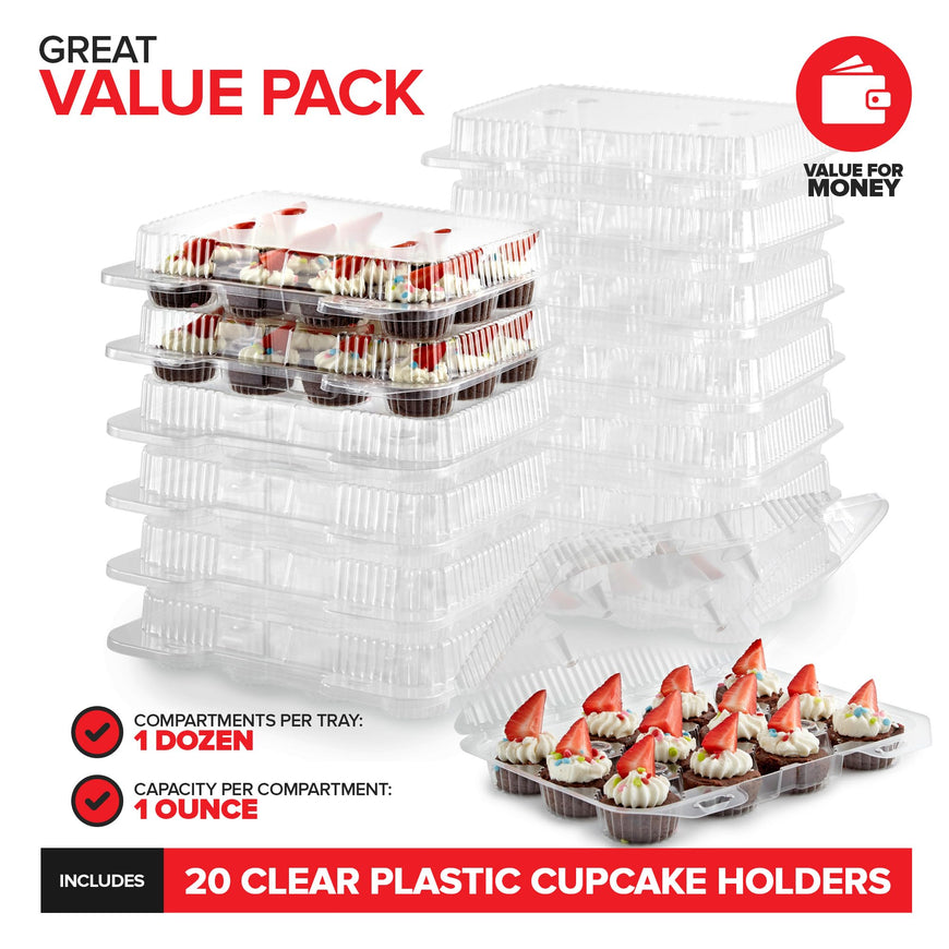 Stock Your Home Mini Disposable Plastic Cupcake Containers (20 Pack) 12 - Count Tray Compartment, Small or Mini Cupcakes Box/Holder/Carrier with Clear Connected Dome Lid, BPA Free