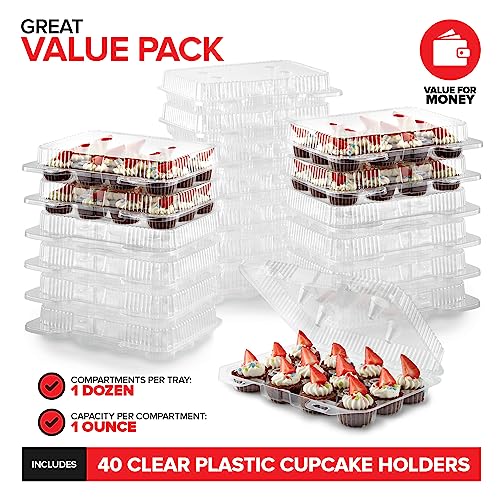 Stock Your Home Mini Disposable Plastic Cupcake Containers (40 Pack) 12 - Count Tray Compartment, Small or Mini Cupcakes Box/Holder/Carrier with Clear Connected Dome Lid, BPA Free