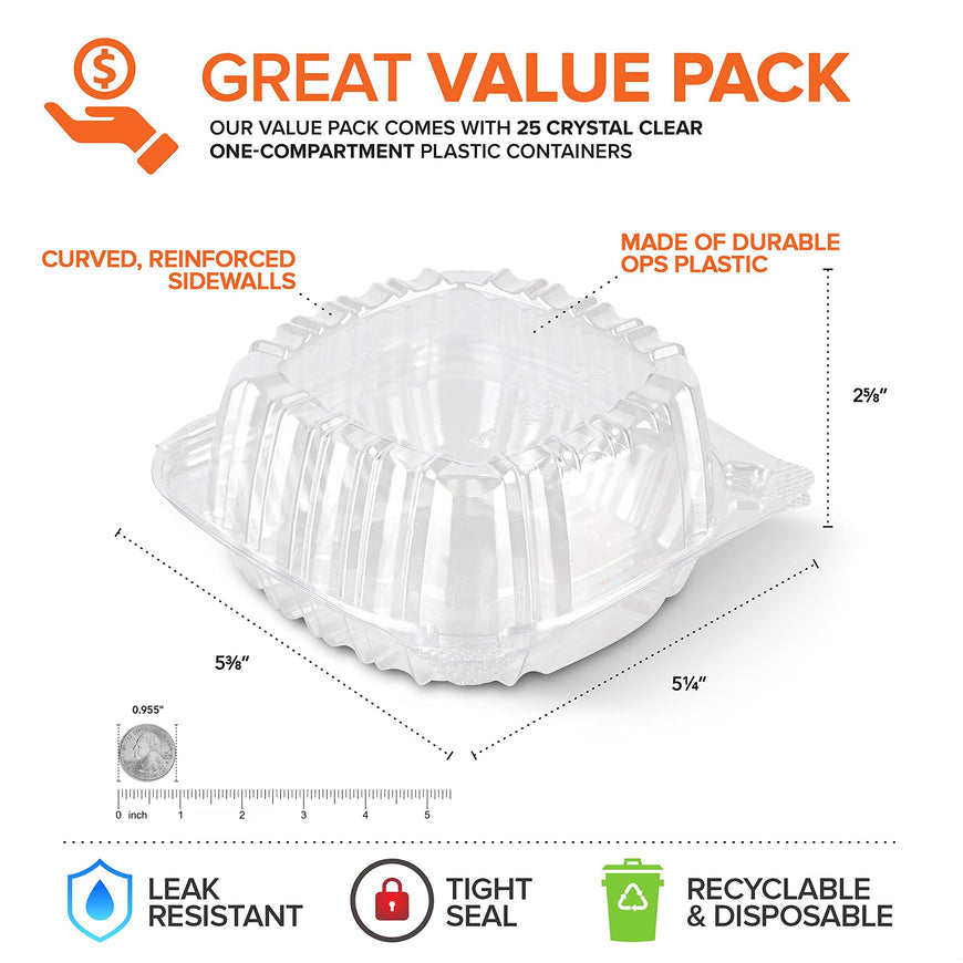 Disposable Plastic To Go Containers with Clear Lids (25 Pack) Fancy Hinged Top Square Clamshell Food Boxes for Take Out, Home Party Togo Clam Shell Box to Carry Cake, Dessert, Small Sandwich