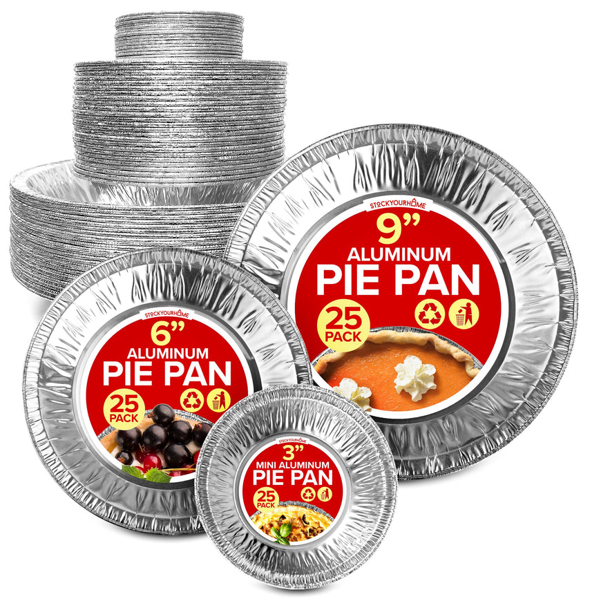 Stock Your Home Disposable Aluminum Foil Pie Pans Set (75 PCS) Heavy Duty Baking Pans (25) 9â€, (25) 6â€, (25) 3â€ Inch Cooking, Heating, Food Prep, Holiday Dinner Meals