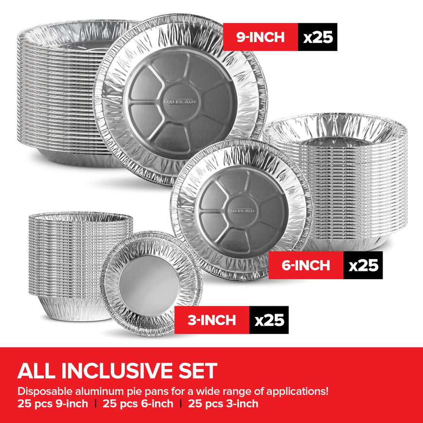 Stock Your Home Disposable Aluminum Foil Pie Pans Set (75 PCS) Heavy Duty Baking Pans (25) 9â€, (25) 6â€, (25) 3â€ Inch Cooking, Heating, Food Prep, Holiday Dinner Meals