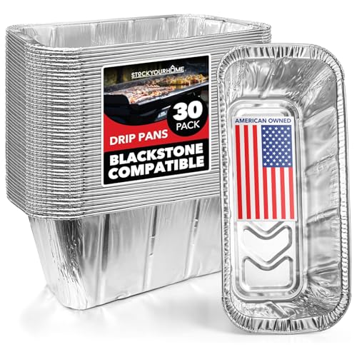 Stock Your Home Foil Grill Drip Pan (30 Pack) Compatible with Blackstone's 28â€, 30â€, & 36â€ BBQ Griddle + 17â€ & 22â€ Tabletop Range- Disposable Aluminum Oil Catcher Tray, Blackstone Grease Cup Liners