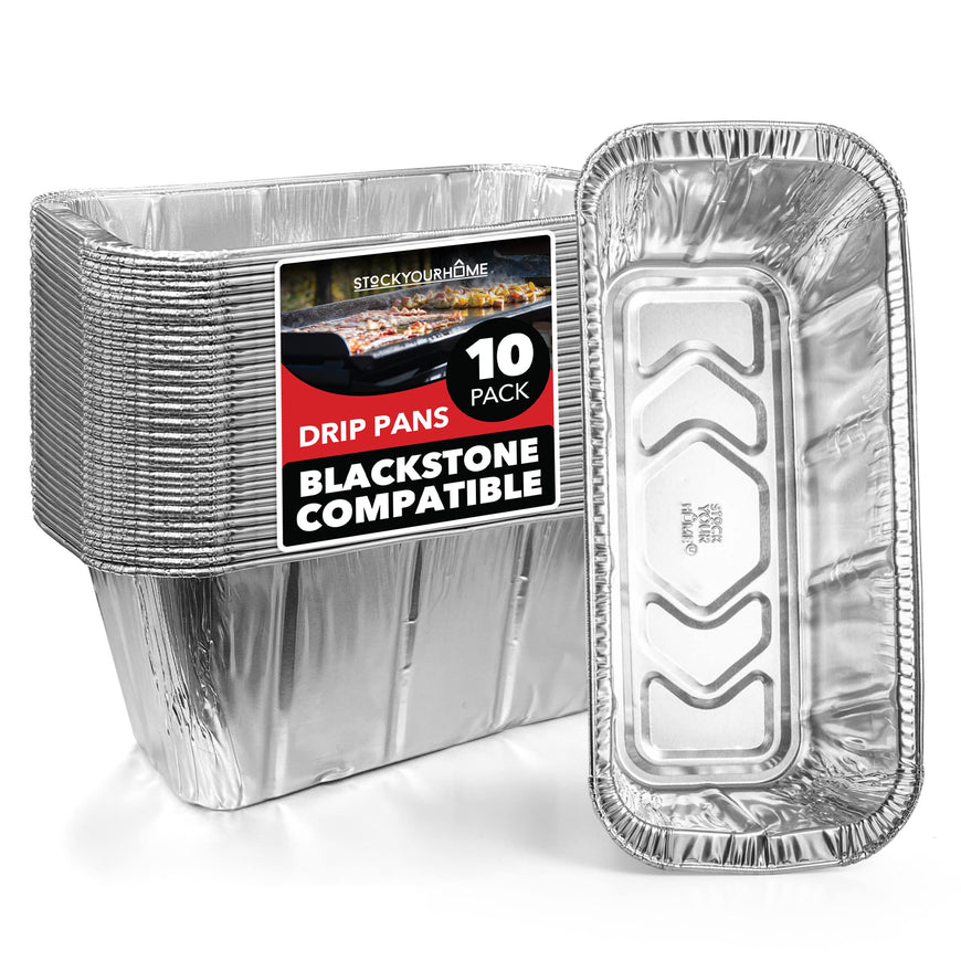 Stock Your Home Foil Grill Drip Pan (10 Pack) Compatible with Blackstone's 28â€, 30â€, & 36â€ BBQ Griddle + 17â€ & 22â€ Tabletop Range- Disposable Aluminum Oil Catcher Tray, Blackstone Grease Cup Liners
