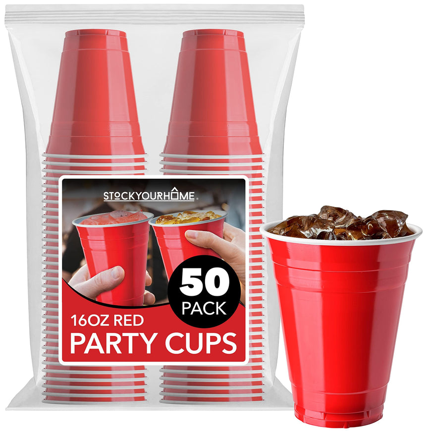 Stock Your Home Red Plastic Cups Disposable, 16oz (50 Count) Heavy-Duty, Large Party Cup Pack Bulk Pack for Drinking Punch, Soda, Wine, Beer, 4th of July, Halloween