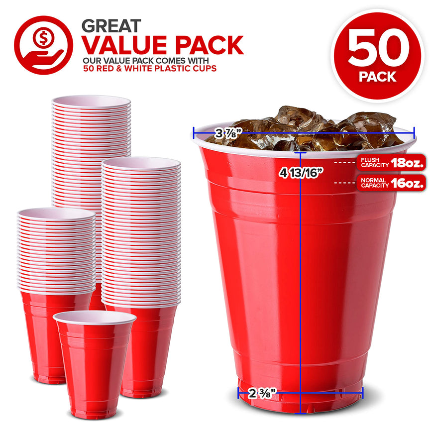 Stock Your Home Red Plastic Cups Disposable, 16oz (50 Count) Heavy-Duty, Large Party Cup Pack Bulk Pack for Drinking Punch, Soda, Wine, Beer, 4th of July, Halloween