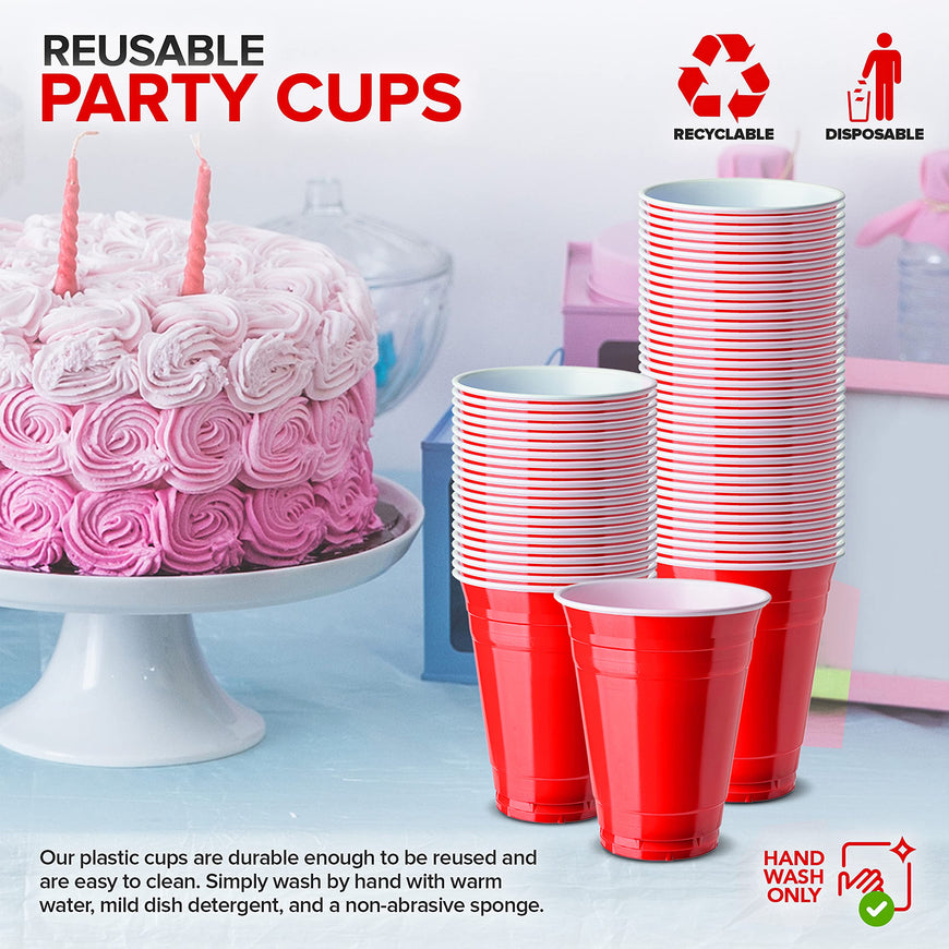 Stock Your Home Red Plastic Cups Disposable, 16oz (50 Count) Heavy-Duty, Large Party Cup Pack Bulk Pack for Drinking Punch, Soda, Wine, Beer, 4th of July, Halloween