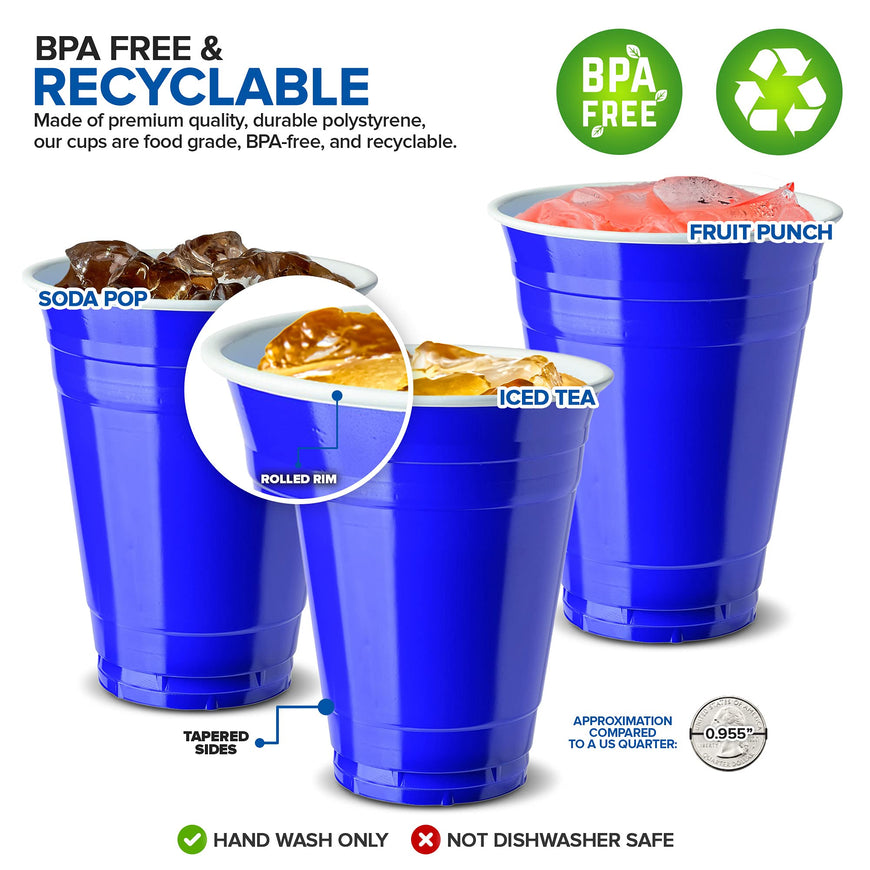 Stock Your Home Blue Plastic Cups Disposable, 16oz (50 Count) Heavy-Duty, Large Party Cup Pack Bulk Pack for Drinking Punch, Soda, Wine, Beer, 4th of July, Halloween