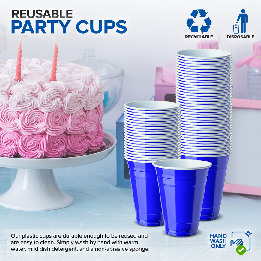 Stock Your Home Blue Plastic Cups Disposable, 16oz (50 Count) Heavy-Duty, Large Party Cup Pack Bulk Pack for Drinking Punch, Soda, Wine, Beer, 4th of July, Halloween