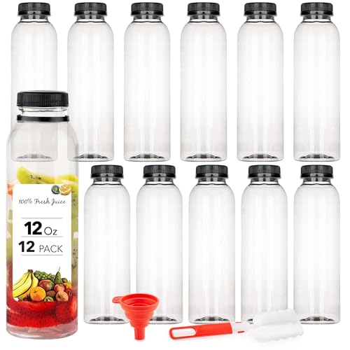 Stock Your Home 12 Oz Round Plastic Bottles with Caps (12 Pack), Clear Juice Bottles with Caps, Refillable Juice Bottles with Tamper Proof Caps, Reusable Bottles for Juice, Disposable Juice Bottles