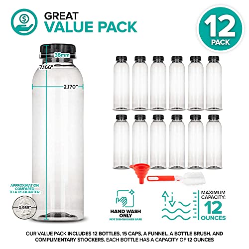Stock Your Home 12 Oz Round Plastic Bottles with Caps (12 Pack), Clear Juice Bottles with Caps, Refillable Juice Bottles with Tamper Proof Caps, Reusable Bottles for Juice, Disposable Juice Bottles