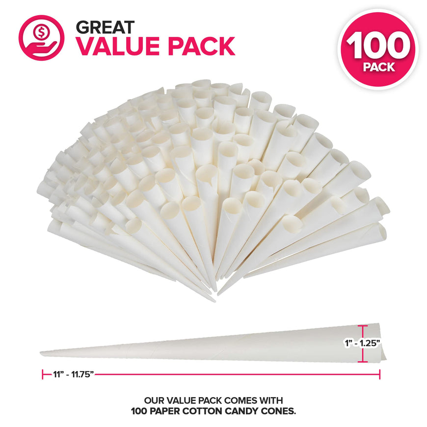 Cotton Candy Cones (100 Pack) â€“ White Kraft Paper Sticks for Floss Sugar & Carnival Treats, Compatible with Cotton Candy Machines â€“ Stock Your Home