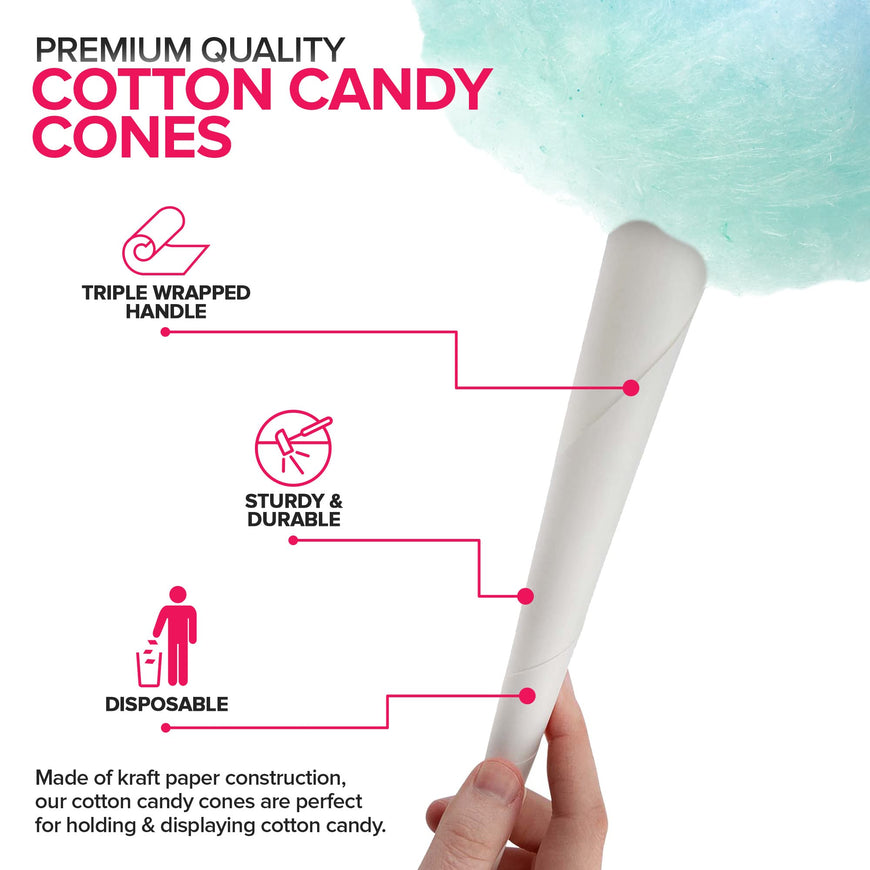 Cotton Candy Cones (100 Pack) â€“ White Kraft Paper Sticks for Floss Sugar & Carnival Treats, Compatible with Cotton Candy Machines â€“ Stock Your Home