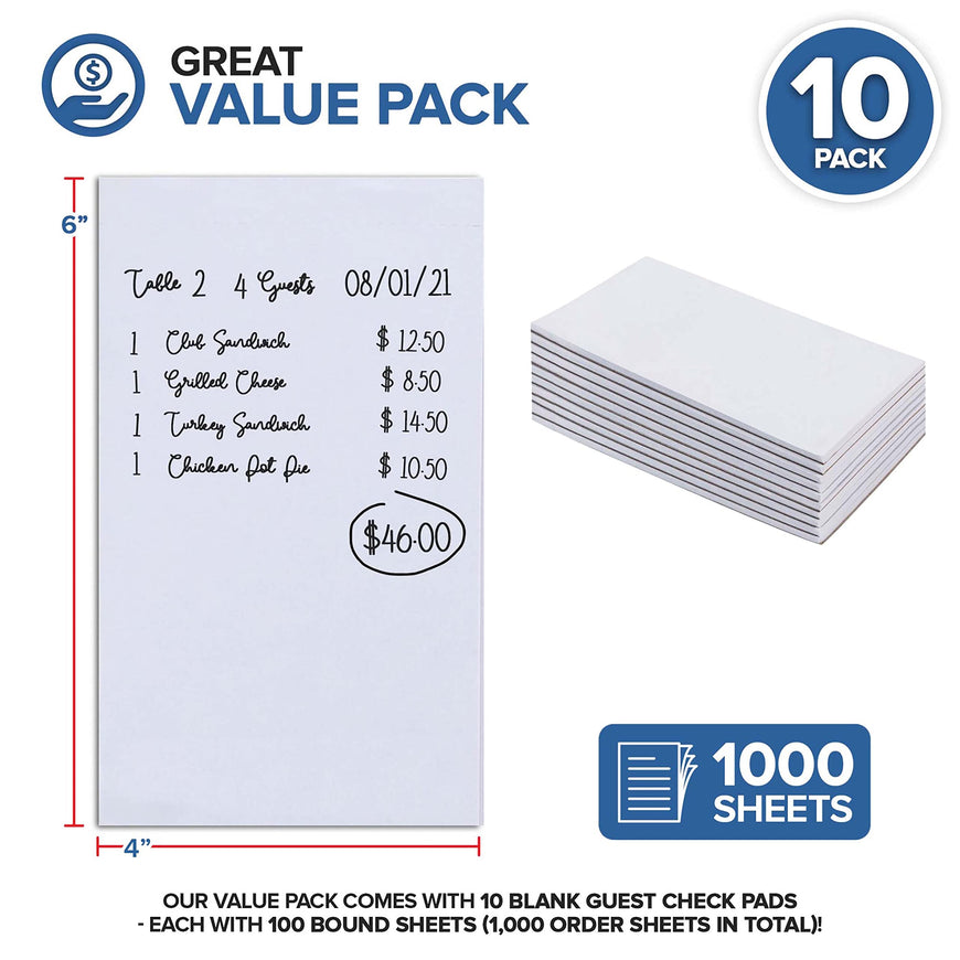 Blank Scratch Pads (10 Pack) - White Note Pads - Memo Notepads - Small Desk Scratch Paper- 4x6 Note Paper - Guest Check Book - Server Note Pads for Diners - 1,000 Total Blank Sheets - Stock Your Home