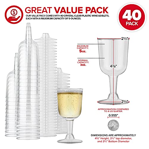 Stock Your Home 5 oz Clear Plastic Wine Glass (40 Pack) - BPA Free & Recyclable - Shatterproof Wine Goblet - Disposable & Reusable Cups for Champagne, Dessert, Food Samples, Catering, Weddings