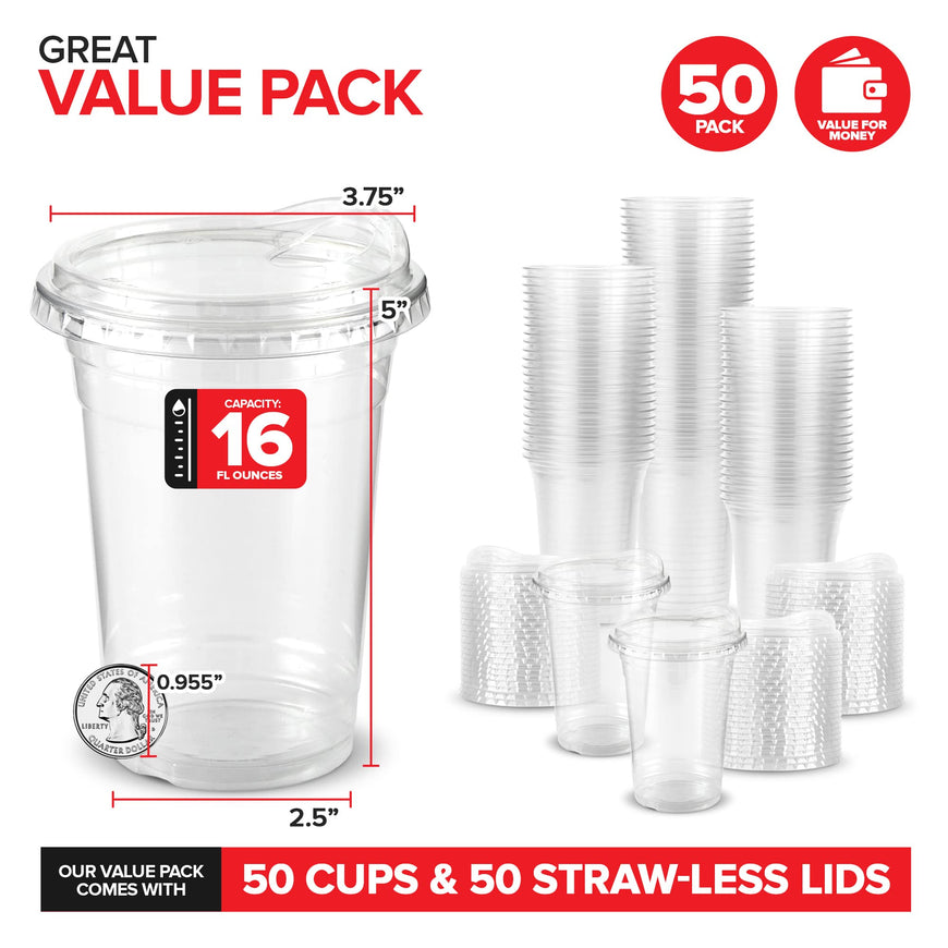 16 oz Clear Plastic Cups with Lids Disposable, Togo Drinking Cup with Strawless Sip Lid for Smoothie, Cold Brew Iced Coffee, Lemonade, Ice Latte, Boba, Party Drinks, Bulk, 16 Ounce (Set of 50)