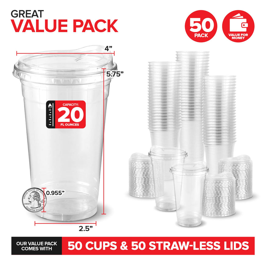20 oz Clear Plastic Cups with Lids Disposable, Togo Drinking Cup with Strawless Sip Lid for Smoothie, Cold Brew Iced Coffee, Lemonade, Ice Latte, Boba, Party Drinks, Bulk, 20 Ounce (Set of 50)