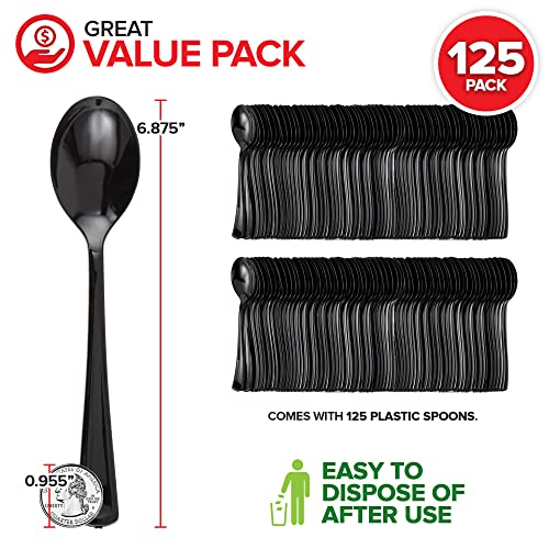 (125-Count) Plastic Spoons, Disposable Silverware for Dinner, Heavy Duty Utensils, Heavyweight Party Flatware, Bulk Cutlery in Black - Stock Your Home