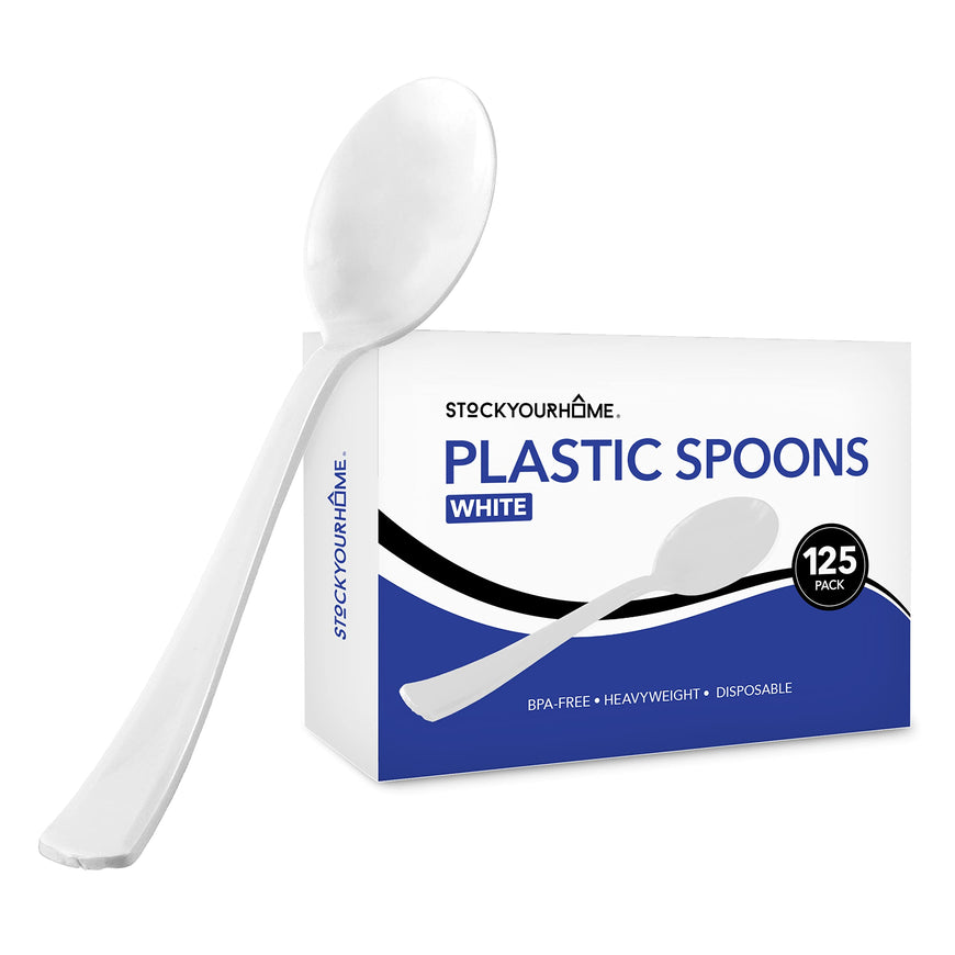 (125-Count) Plastic Spoons, Disposable Silverware for Dinner, Heavy Duty Utensils, Heavyweight Party Flatware, Bulk Cutlery in White - Stock Your Home