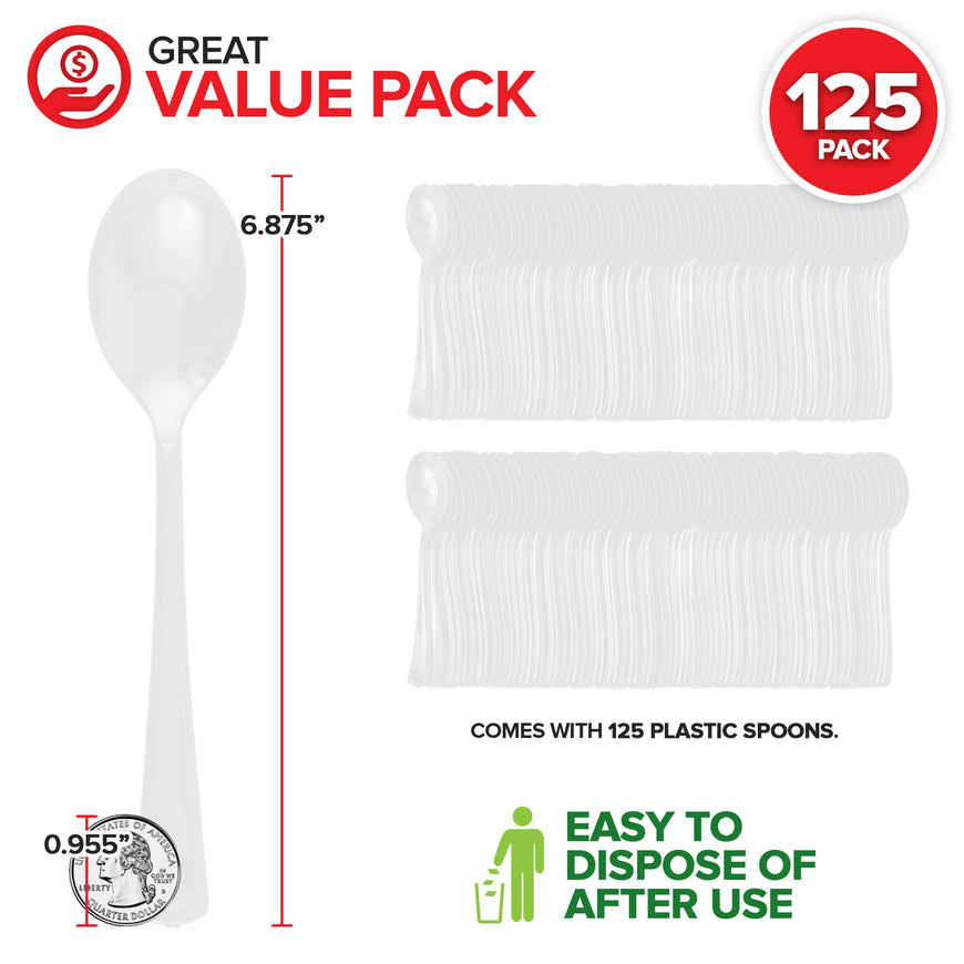 (125-Count) Plastic Spoons, Disposable Silverware for Dinner, Heavy Duty Utensils, Heavyweight Party Flatware, Bulk Cutlery in White - Stock Your Home