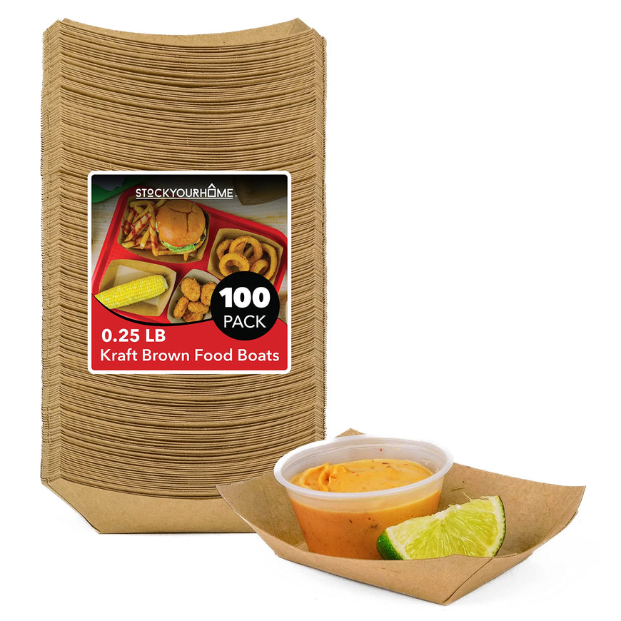 Stock Your Home [100 Pack] Mini Disposable Brown Kraft Paper Food Trays, 0.25-Lb Concession Tray, Serving Boats for Party Snacks, Taco Bar, Seafood, Nachos Plates, Quarter-Pound