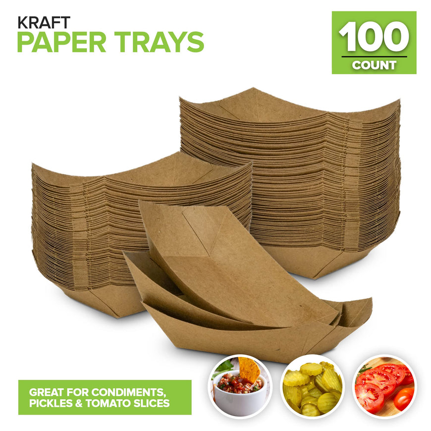 Stock Your Home [100 Pack] Mini Disposable Brown Kraft Paper Food Trays, 0.25-Lb Concession Tray, Serving Boats for Party Snacks, Taco Bar, Seafood, Nachos Plates, Quarter-Pound