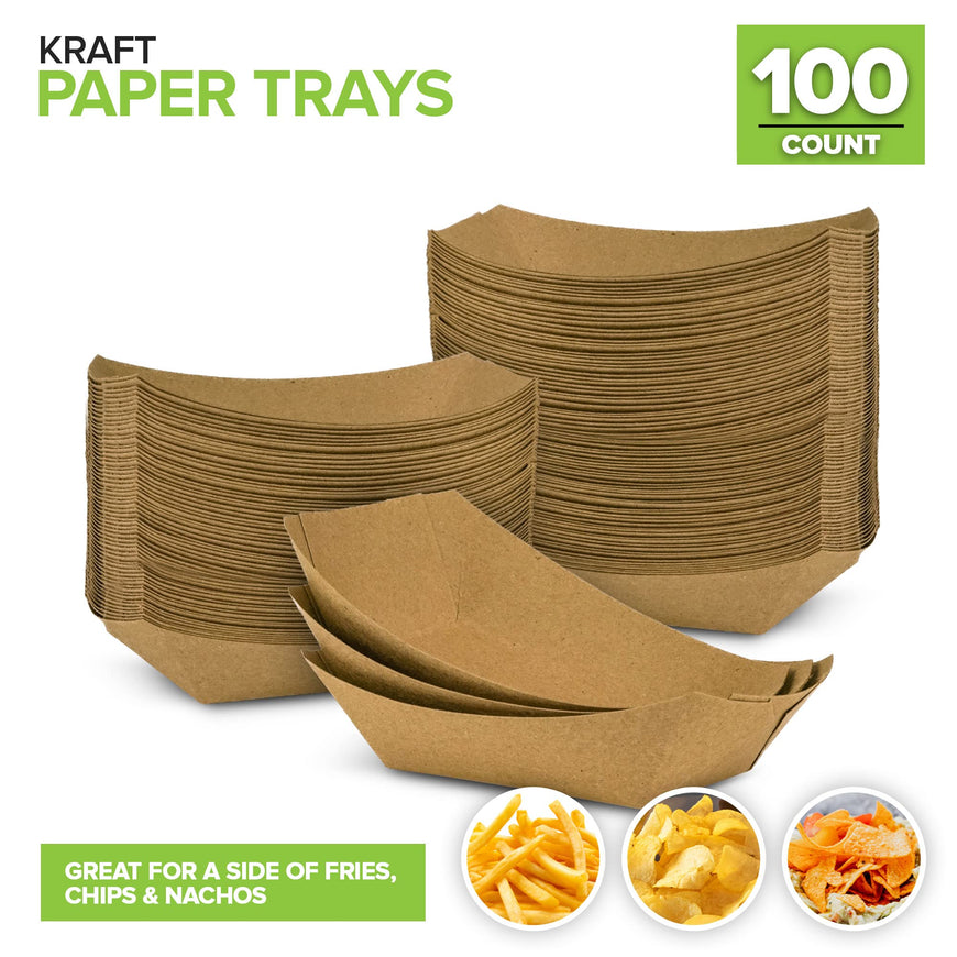 Stock Your Home [100 Pack] Small Disposable Brown Kraft Paper Food Trays, 0.5-Lb Concession Tray, Serving Boats for Party Snacks, Taco Bar, Seafood, Nachos Plates, Half-Pound