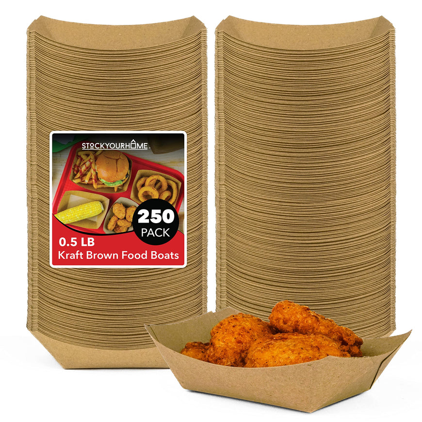 Stock Your Home [250 Pack] Small Disposable Brown Kraft Paper Food Trays, 0.5-Lb Concession Tray, Serving Boats for Party Snacks, Taco Bar, Seafood, Nachos Plates, Half-Pound