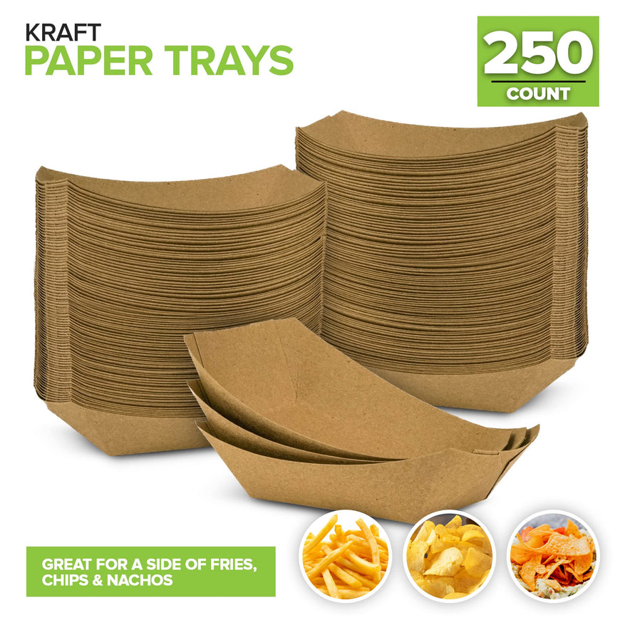 Stock Your Home [250 Pack] Small Disposable Brown Kraft Paper Food Trays, 0.5-Lb Concession Tray, Serving Boats for Party Snacks, Taco Bar, Seafood, Nachos Plates, Half-Pound