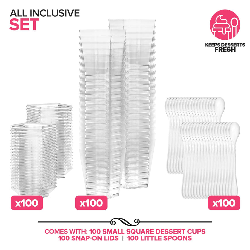 Stock Your Home 100 Pack 5 oz Elegant Mini Clear Plastic Dessert Cups with Lids and Spoons Square Parfait Cup w/Lid for Small Individual Desserts, Pudding Shooters, Appetizers, Trifle Shooter