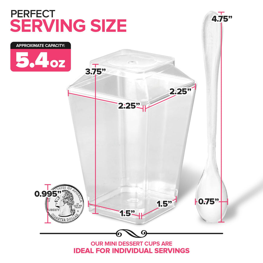 Stock Your Home 100 Pack 5 oz Elegant Mini Clear Plastic Dessert Cups with Lids and Spoons Square Parfait Cup w/Lid for Small Individual Desserts, Pudding Shooters, Appetizers, Trifle Shooter