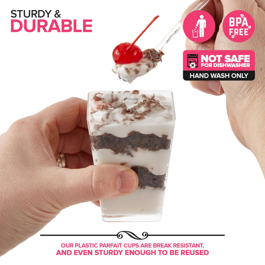 Stock Your Home 100 Pack 5 oz Elegant Mini Clear Plastic Dessert Cups with Lids and Spoons Square Parfait Cup w/Lid for Small Individual Desserts, Pudding Shooters, Appetizers, Trifle Shooter