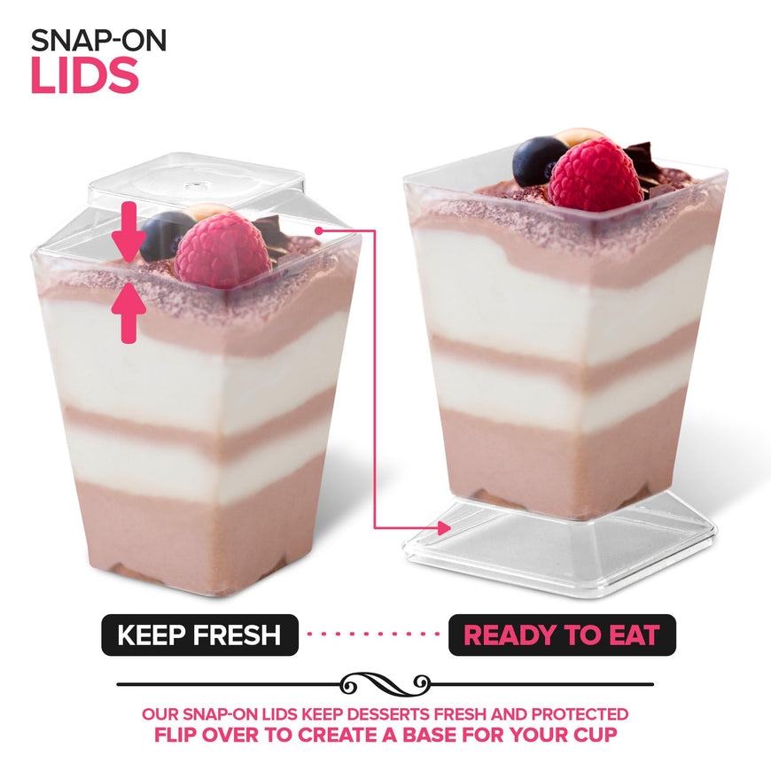 Stock Your Home 100 Pack 5 oz Elegant Mini Clear Plastic Dessert Cups with Lids and Spoons Square Parfait Cup w/Lid for Small Individual Desserts, Pudding Shooters, Appetizers, Trifle Shooter