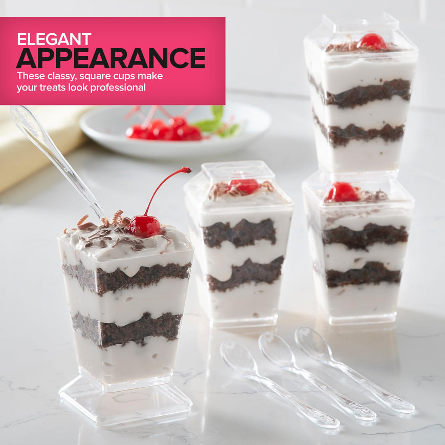 Stock Your Home 100 Pack 5 oz Elegant Mini Clear Plastic Dessert Cups with Lids and Spoons Square Parfait Cup w/Lid for Small Individual Desserts, Pudding Shooters, Appetizers, Trifle Shooter