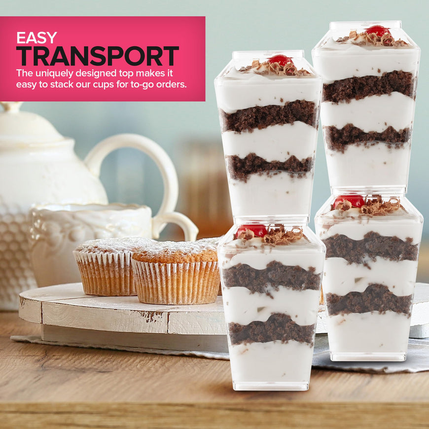 Stock Your Home 100 Pack 5 oz Elegant Mini Clear Plastic Dessert Cups with Lids and Spoons Square Parfait Cup w/Lid for Small Individual Desserts, Pudding Shooters, Appetizers, Trifle Shooter