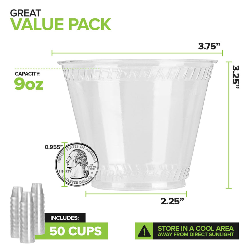Stock Your Home 9 oz Premium Commercially Compostable Cold Cups (50 Pack) Plant Based Eco Party Cup, Environmentally Friendly Recyclable Disposable Sustainable for Water, Wine, Beer Sample