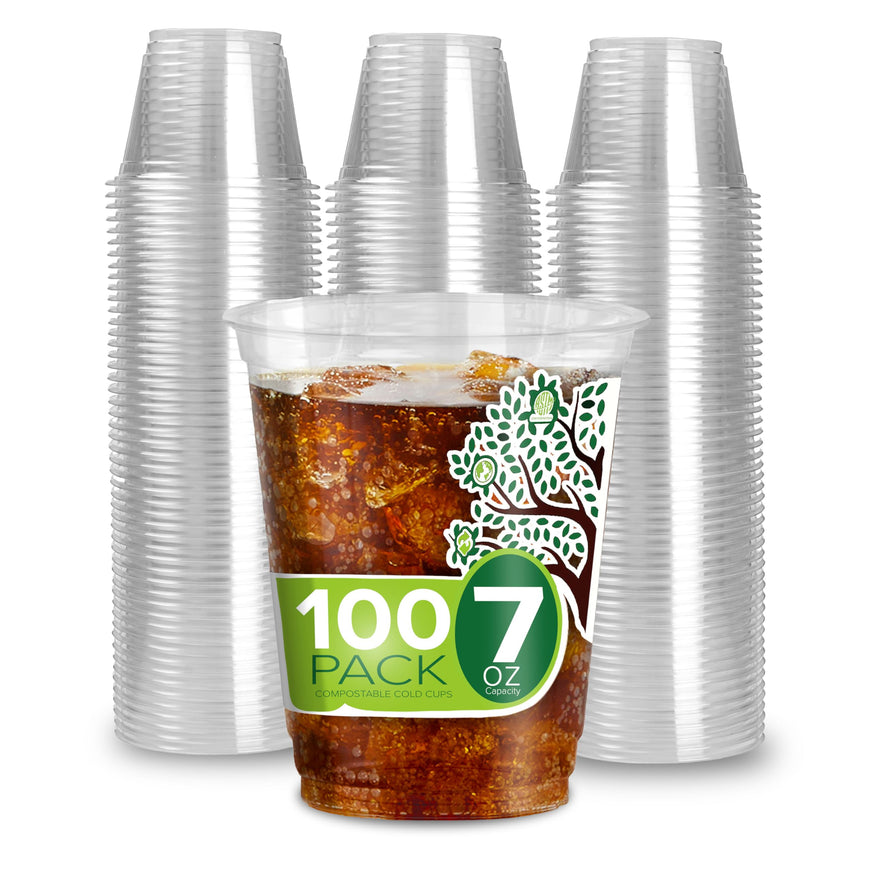 Stock Your Home 7 oz Clear Commercially Compostable Cold Cups Plant Based Eco Party Cup, Environmentally Friendly Recyclable Disposable Sustainable for Water, Wine & Beer Sample (100 Pack)