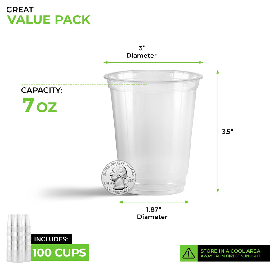 Stock Your Home 7 oz Clear Commercially Compostable Cold Cups Plant Based Eco Party Cup, Environmentally Friendly Recyclable Disposable Sustainable for Water, Wine & Beer Sample (100 Pack)
