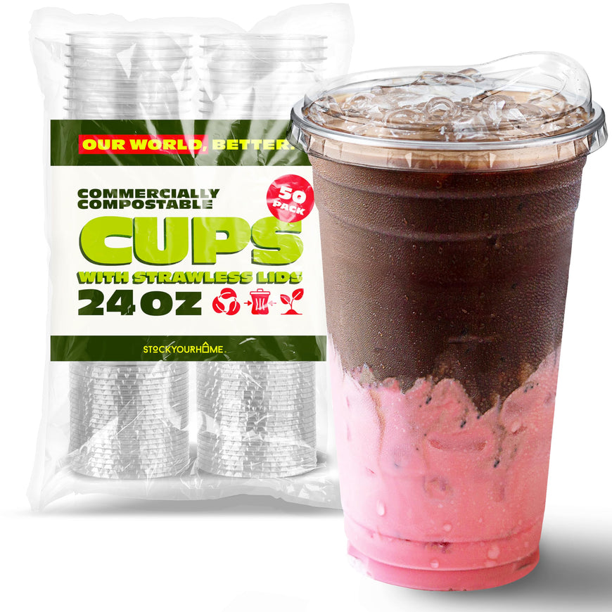 Stock Your Home 24 oz Clear Commercially Compostable Cups with Sip Lids (Set of 50) Strawless Plant Based Cold Cups Eco Party Cup, Environmentally Friendly Recyclable Disposable Sustainable