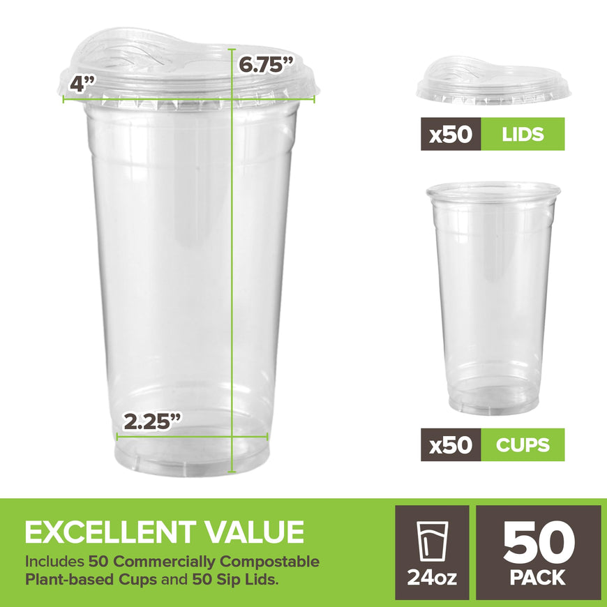 Stock Your Home 24 oz Clear Commercially Compostable Cups with Sip Lids (Set of 50) Strawless Plant Based Cold Cups Eco Party Cup, Environmentally Friendly Recyclable Disposable Sustainable