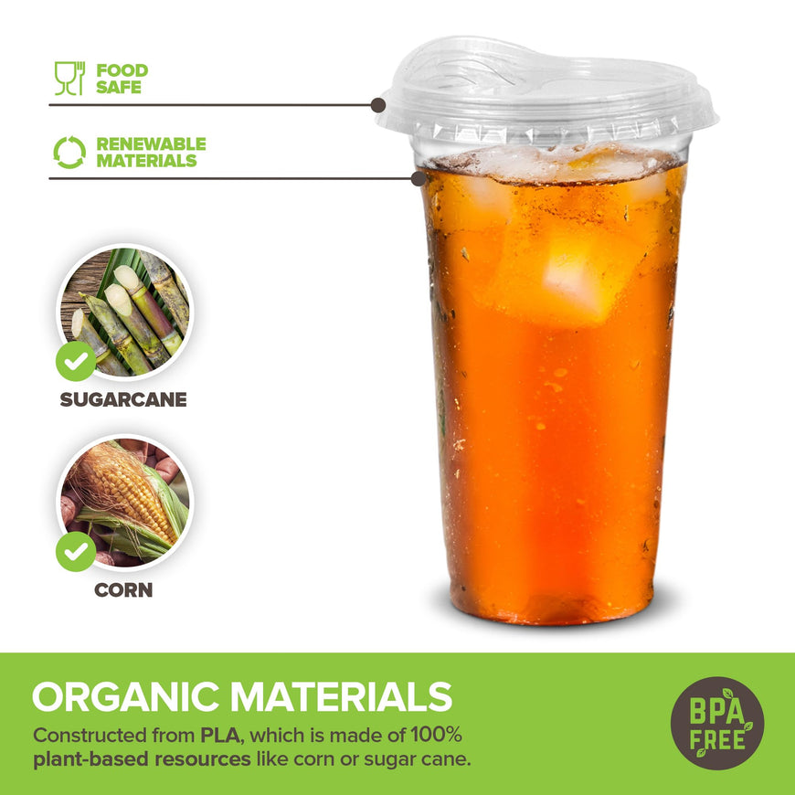 Stock Your Home 24 oz Clear Commercially Compostable Cups with Sip Lids (Set of 50) Strawless Plant Based Cold Cups Eco Party Cup, Environmentally Friendly Recyclable Disposable Sustainable