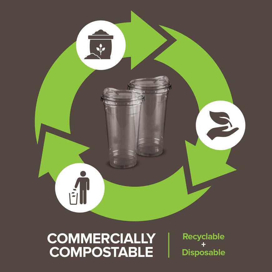 Stock Your Home 24 oz Clear Commercially Compostable Cups with Sip Lids (Set of 50) Strawless Plant Based Cold Cups Eco Party Cup, Environmentally Friendly Recyclable Disposable Sustainable