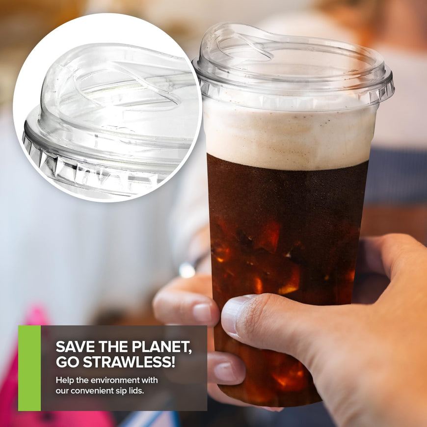 Stock Your Home 24 oz Clear Commercially Compostable Cups with Sip Lids (Set of 50) Strawless Plant Based Cold Cups Eco Party Cup, Environmentally Friendly Recyclable Disposable Sustainable