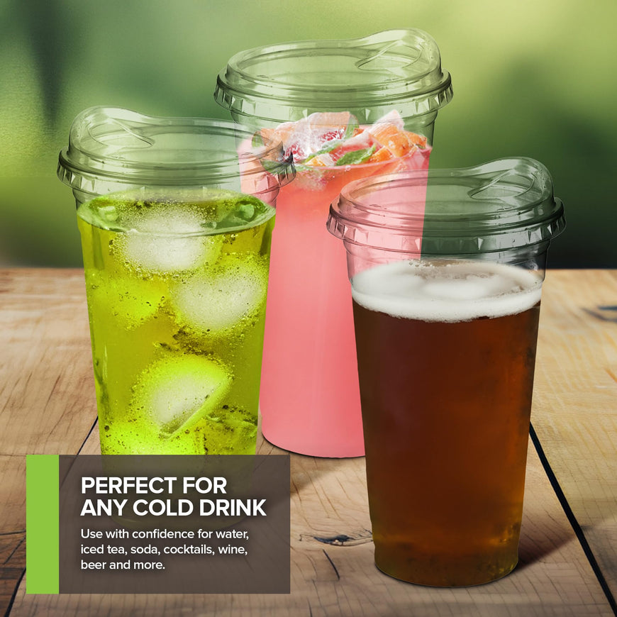 Stock Your Home 24 oz Clear Commercially Compostable Cups with Sip Lids (Set of 50) Strawless Plant Based Cold Cups Eco Party Cup, Environmentally Friendly Recyclable Disposable Sustainable