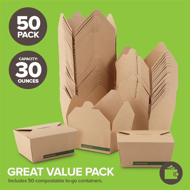 Set of 50 30 oz Food Take Out Containers Disposable Small Microwaveable Paper To Go Boxes Grease Resistant Kraft Cardboard Lunch Box Takeout