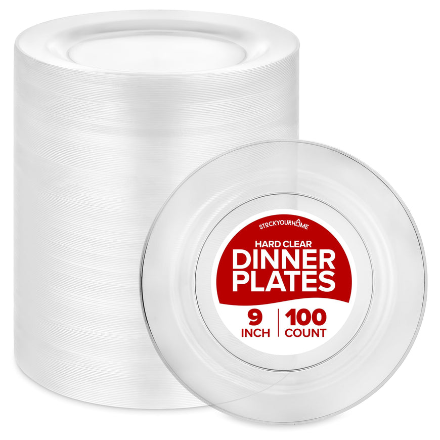 Stock Your Home 100ct Polystyrene Plate, 9x9inch, Heavy Duty, Clear, Reusable, Modern Style, Disposable Plate for Weddings, Dinner Parties, Holidays