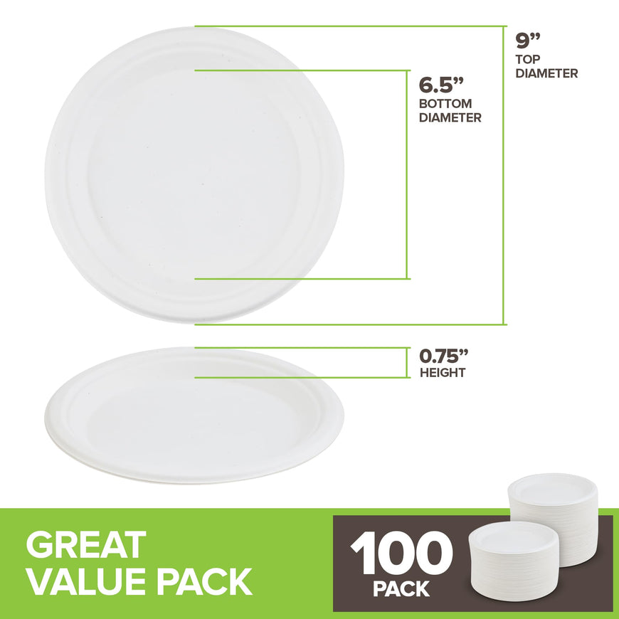 Stock Your Home 100% Compostable Plates 9 Inch (100 Count), Large Heavy Duty Biodegradable Paper Plate for Dinner, Eco-Friendly Recyclable Disposable Sustainable, White Bagasse