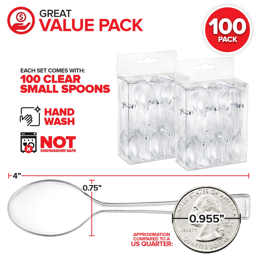 Clear Mini Disposable Appetizer Spoons - 4 Inch, 100 Count for Cocktail Hour, Wedding Reception, Food Samples, Holiday Parties