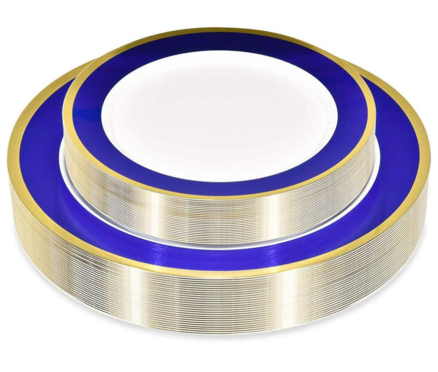 50 Piece Disposable Plates - Heavy Duty Plastic Dinnerware for Wedding Birthday Party Holiday Baby Shower - Includes 25 Dinner Plates and 25 Dessert Plates (Blue and Gold)