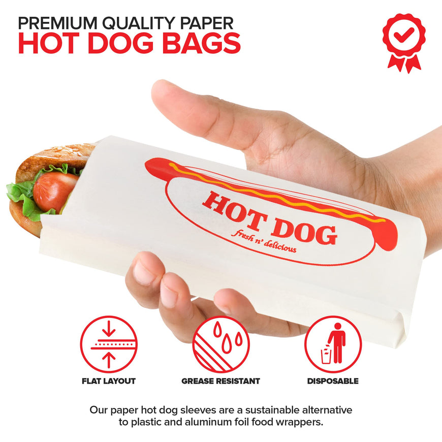 Paper Hot Dog Bags (100 Pack) - Microwavable, Leak Resistant Sleeves for Food Stands, Food Trucks, Take Out, Delivery - Stock Your Home